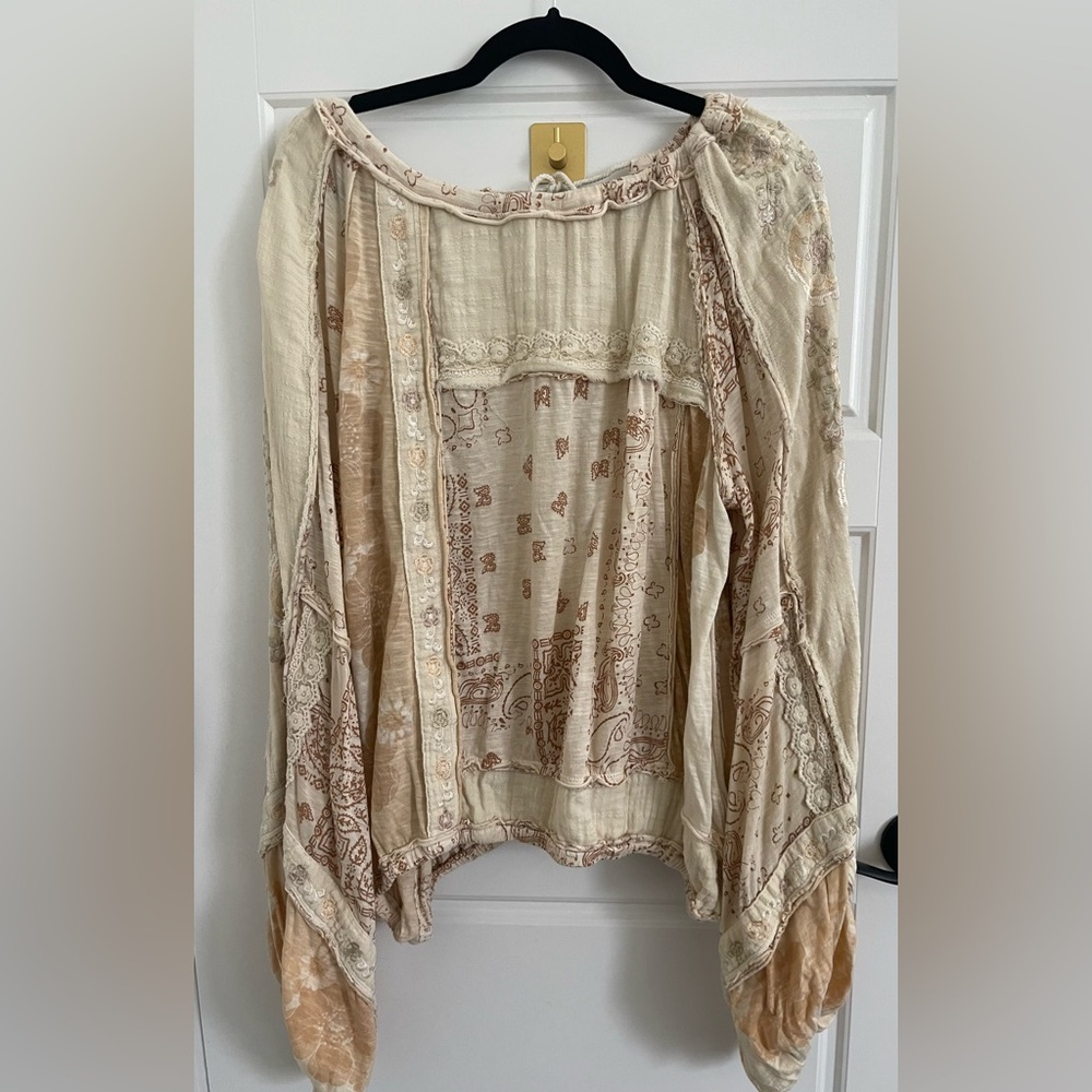 Free People Boho Cream & Tan Patchwork Top with Open Back